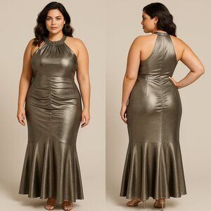 R&M RICHARDS SILVER HALTER GOWN SIZE 16 – BEADED NECKLINE